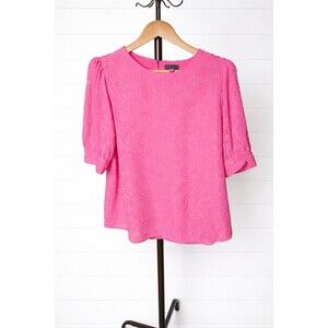 Vince Camuto Women's Puff Sleeve Jacquard Blouse in Pink Bright Hibiscus  L